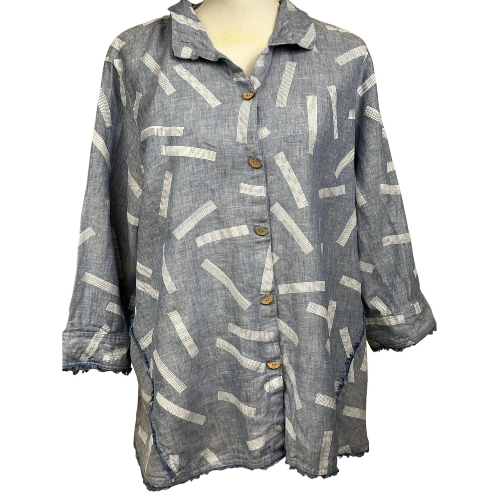 John Mark blue/white linen tunic, 1X, artsy, coastal, relaxed, earthy, Lagom